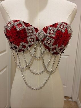 Halloween Red Sequin Strapless Bandeau with Silver Beaded Drapes